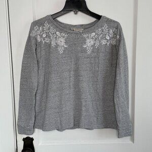 LOFT | Gray Floral Embroidered Long Sleeve 100% Cotton Shirt Feminine Casual